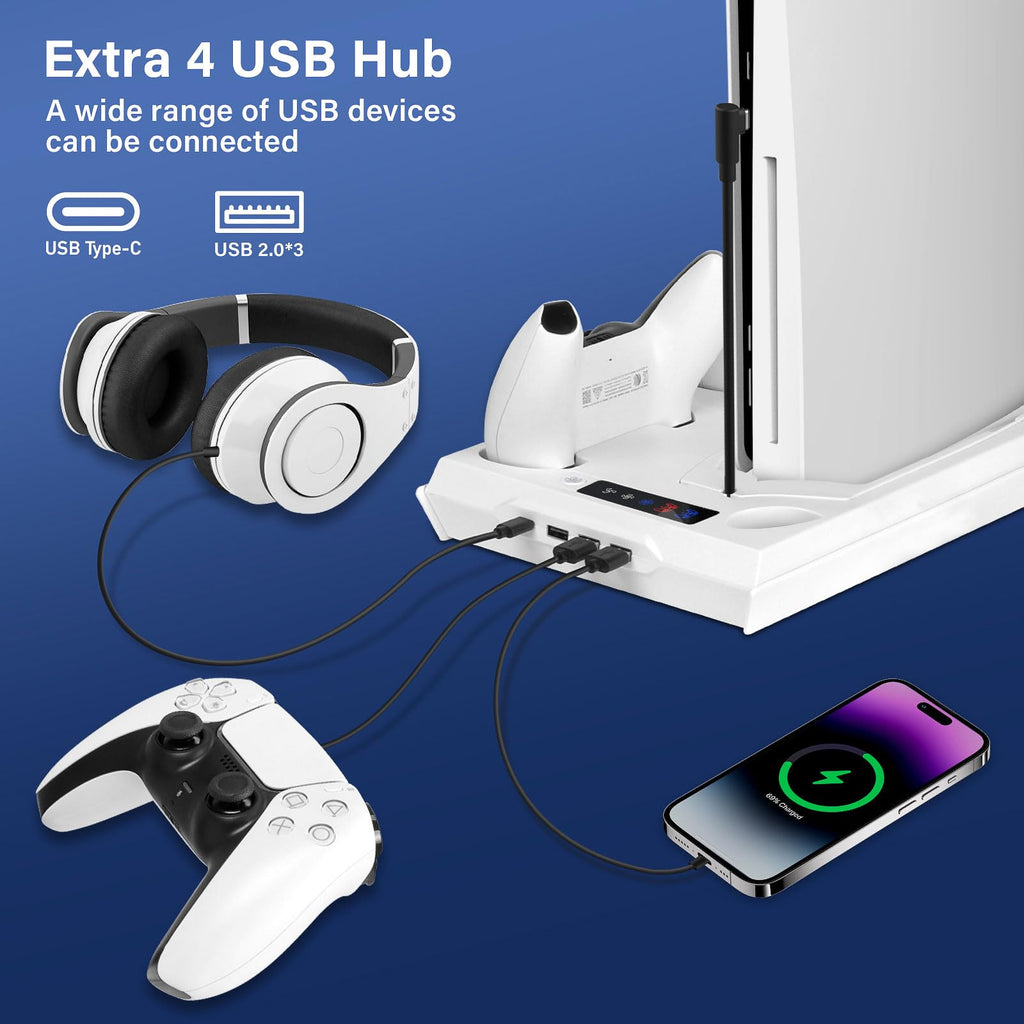 PS5 / PS5 Slim Cooling Station with Dual Controller Charging Station, PS 5 Cooling Stand for PlayStation 5 Console, Headset Holder/ PS 5 Cooling Fan/4 USB Hub All in One Accessories Organizer, Black