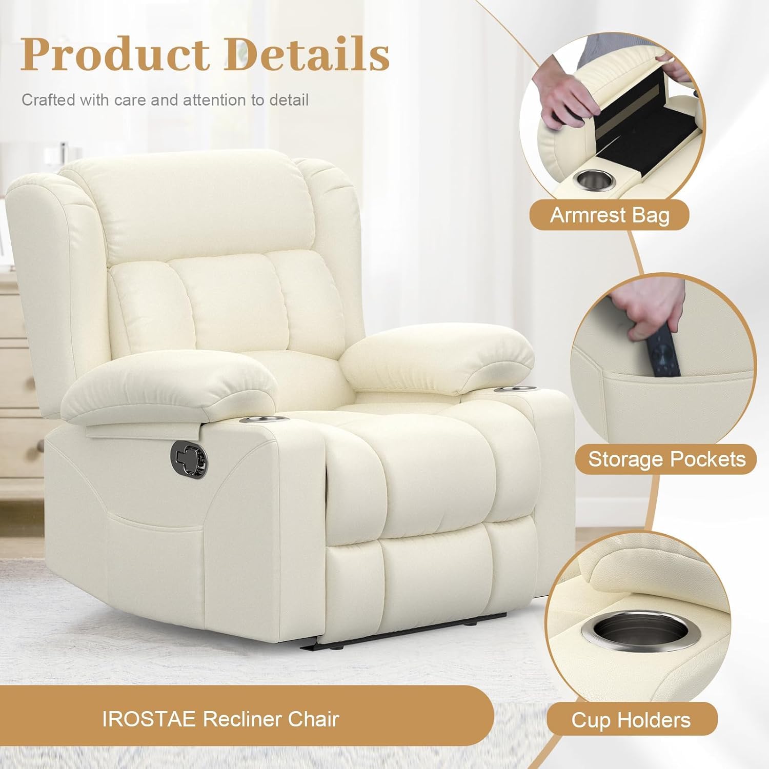 Recliner Chairs for Adults, FSC Certified Massage Reclining Chair with Heated Modern, Ergonomic Lounge Single Reclining Sofa Seat with Cup Holder & Pocket, Living Room Lounge Recliners Black