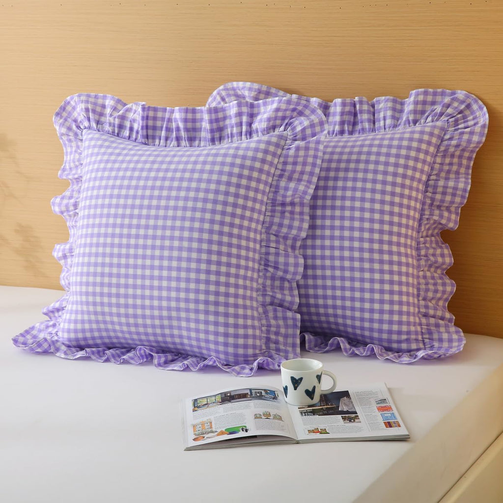 Silnuo Green/White Plaid Ruffled Queen Size Pillow Shams Set of 2,Washed Cotton Shabby Checkered Gingham Farmhouse Bed Pillow Covers 20"x30"