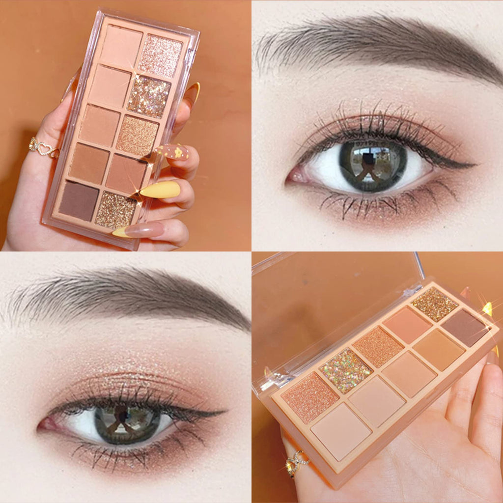 Erinde 10 Colors Eyeshadow Palette Makeup - Matte Shimmer Glitter Eye Shadow Korean Makeup, Ultra-Blendable, High Pigmented, Natural-Looking, Peach Brown Eyeshadow Pallet with Brush, Peach Color