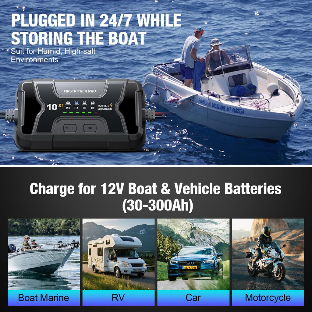 Marine Battery Charger 5X1: 1-Bank, 5A Onboard Battery Charger - 5A Per Bank, 12V Waterproof Boat Batter Charger for SLA/AGM, Lithium, Calcium - Charged 24/7