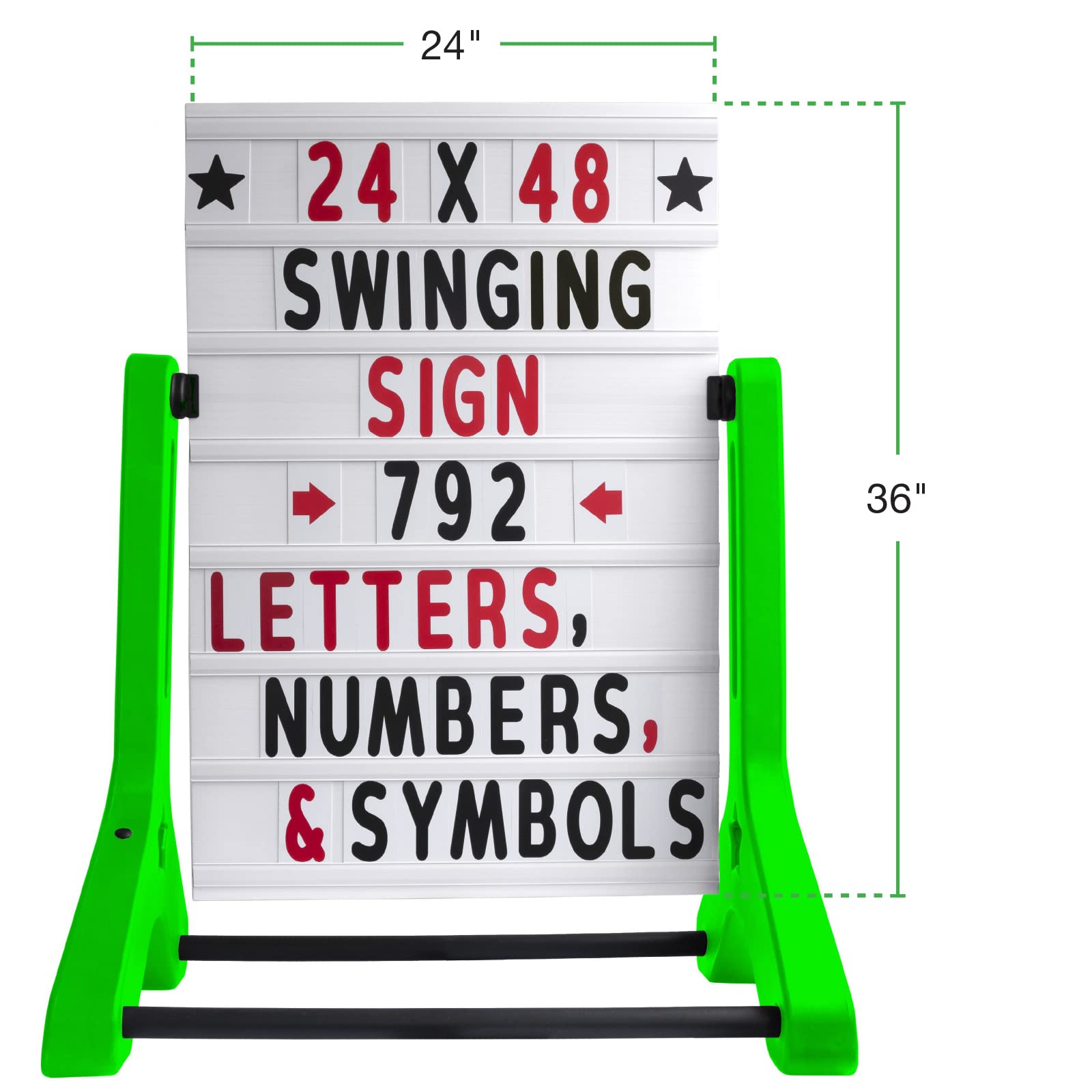 Swinging Changeable Message Sidewalk Sign: 24" x 36" Sign with 792 Pre-Cut Double Sided Letters and Storage Box. Includes Black Board & Letter Board (Black Color Legs)