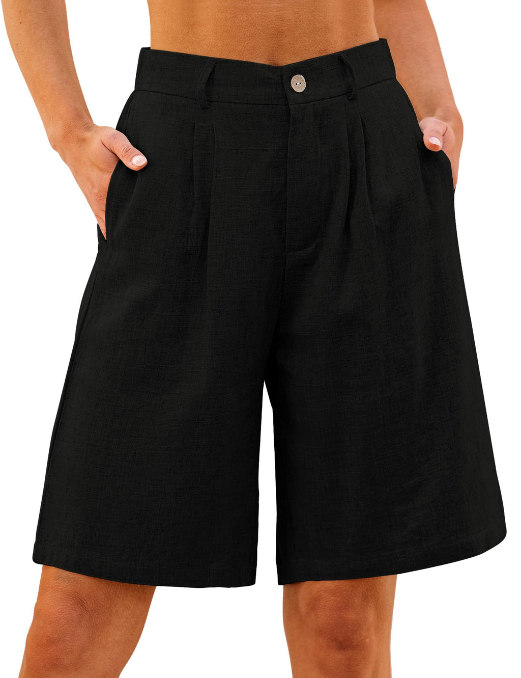 luvamia Bermuda Shorts for Women High Waisted Linen Dressy Casual Pleated Wide Leg Summer Shorts with Elastic Waist