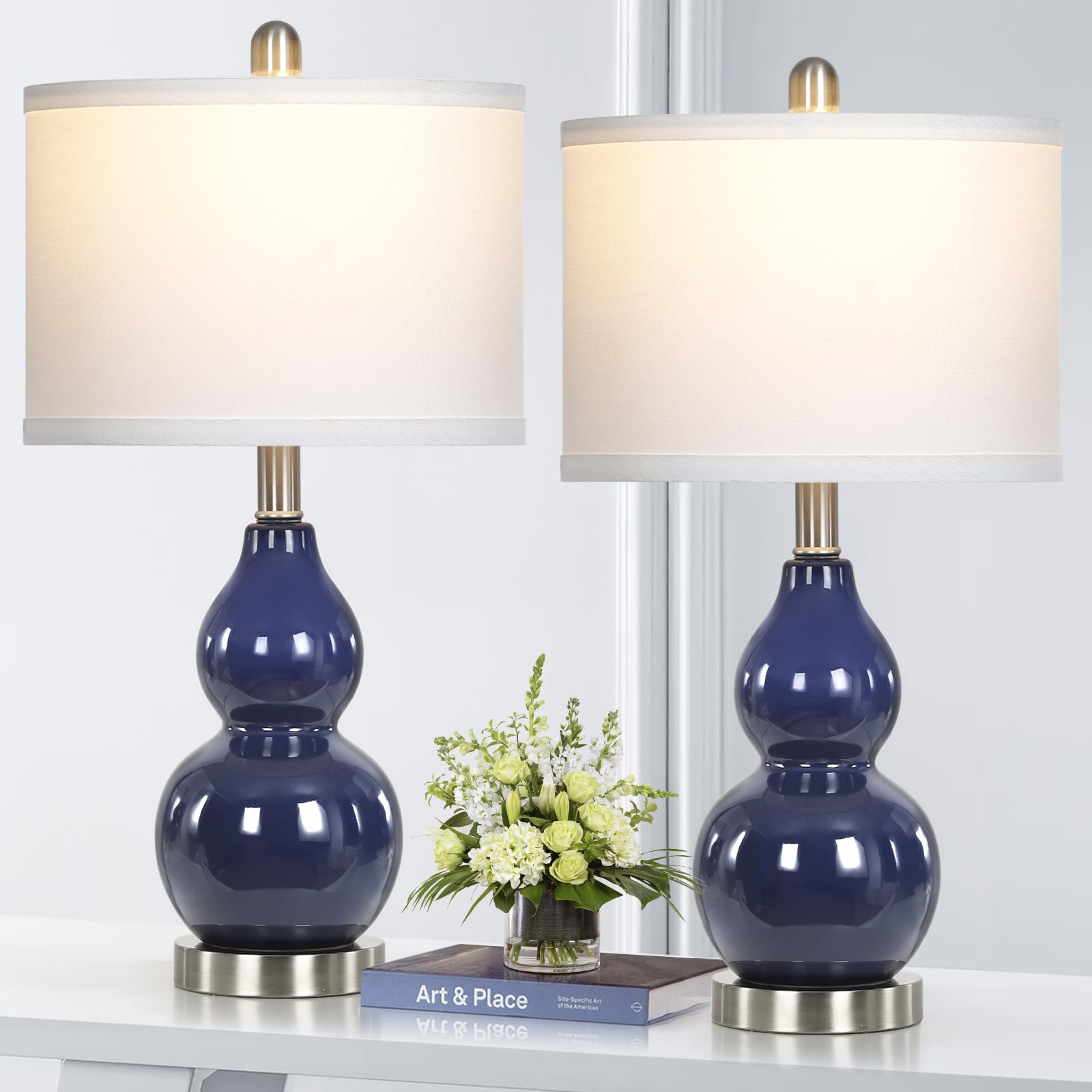 Rinweey Double Gourd Ceramic Table Lamps Set of 2, Modern Blue Bedside Lamps for Night Stand, Contemporary Nightstand Lamps for Bedroom Living Room (Bulb Included)
