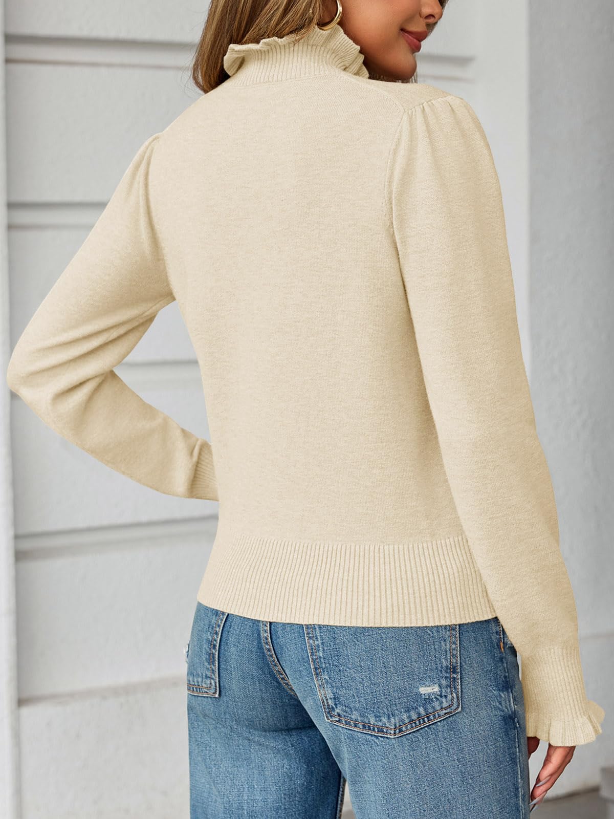 Saodimallsu Womens Ruffle Mock Neck Sweater Puff Long Sleeve Fall Soft Knit Casual Pullover Sweaters Top
