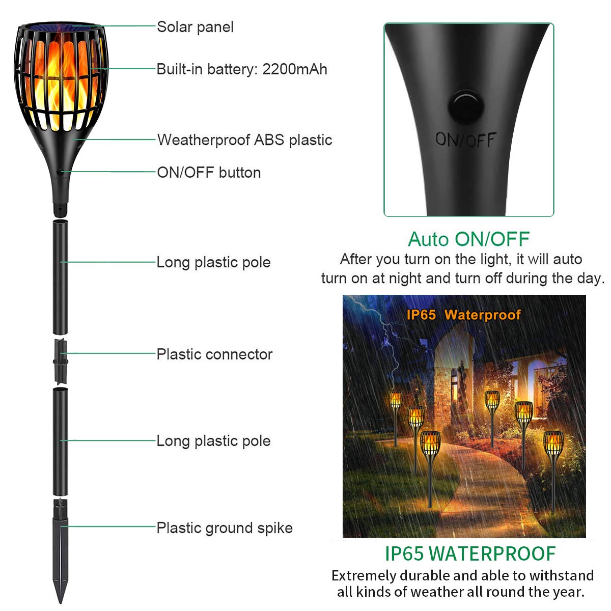 Solar Torch Lights, Waterproof Flickering Flames Torches Lights 43" Outdoor Solar Spotlights Landscape Decoration Lighting Dusk to Dawn Auto On/Off for Yard Patio Driveway, 1 Pack