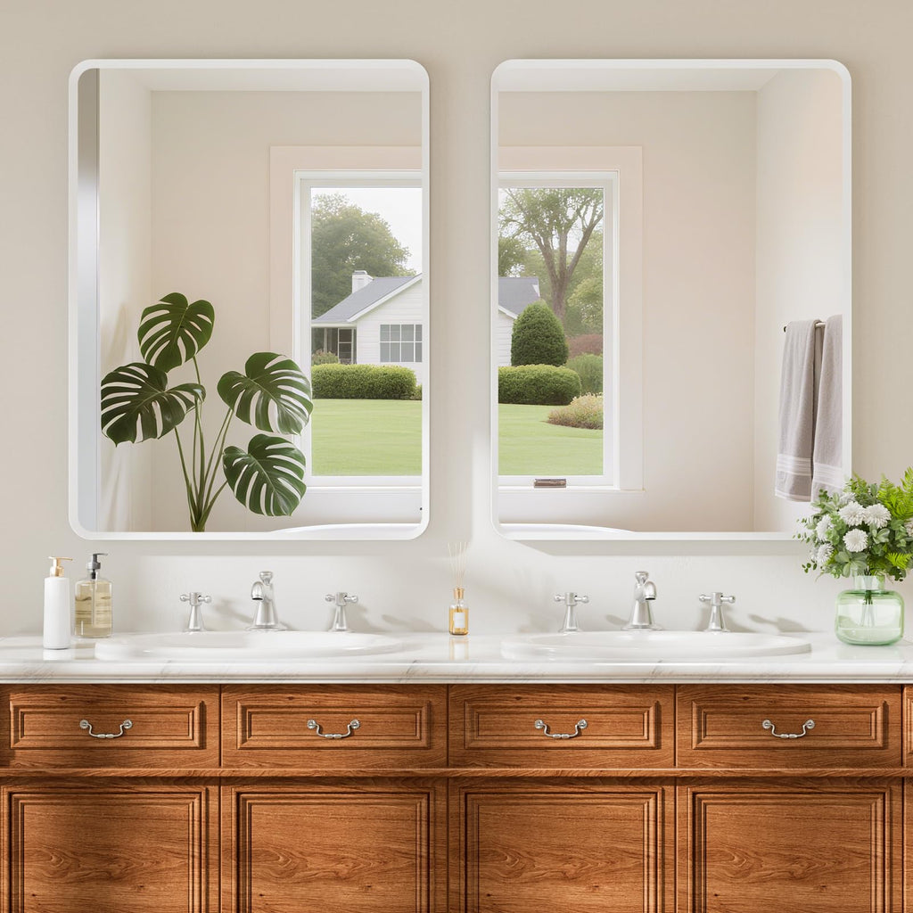 22x30 inch Gold Bathroom Mirror,Rounded Rectangle Gold Metal Framed, HD Tempered Glass, Horizontal or Vertical Hanging, Modern Bathroom Decor