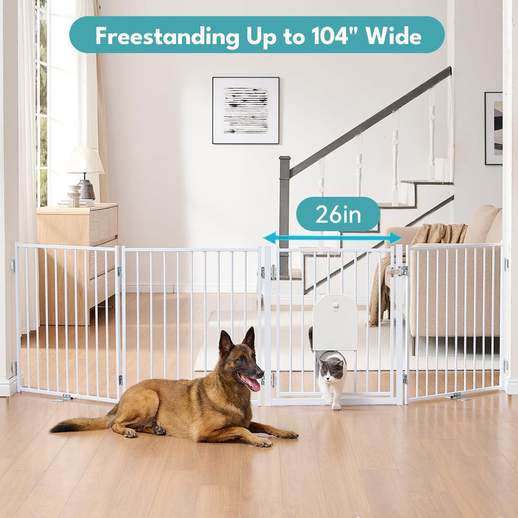 No Pawblems Free Standing Dog Gate, 30" Tall Foldable Dog Fence for Indoor, Up to 52 Inch Extra Wide Puppy Gate Extension for Stairs, Hallways, Doorways, Deck, Yard (White, 2 Panels)