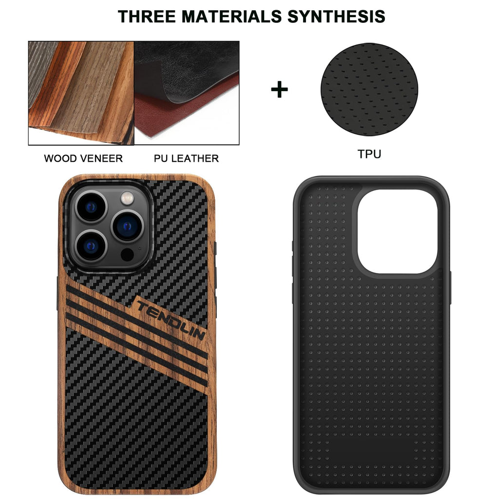 TENDLIN Compatible with iPhone 15 Case Wood Grain with Carbon Fiber Texture Design Leather Hybrid Slim Case (Black)