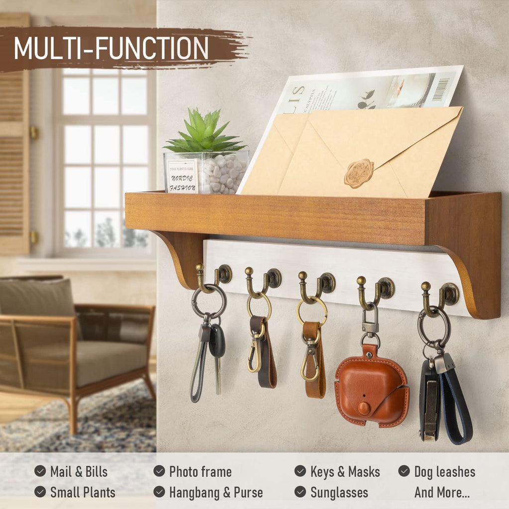 Rebee Vision Acacia Wood Farmhouse Key Holder Wall Mount for Room Decor – Retro Key Holder for Wall with Shelf for Cute Things– Stylish Home Storage for Apartment Essentials (Acacia Wood)