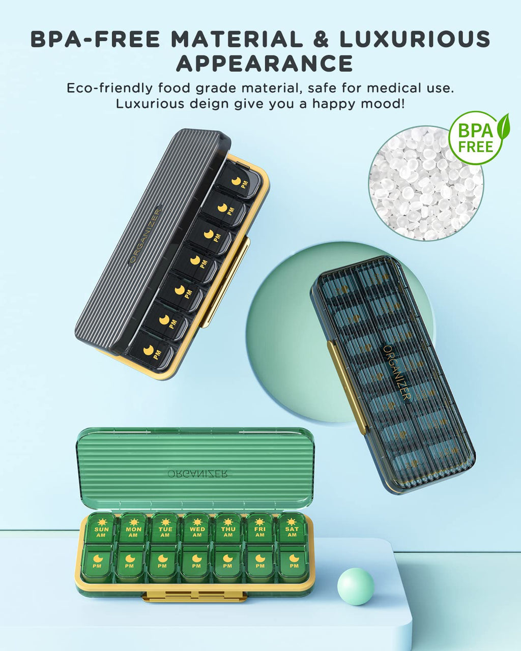 Pill Organizer 2 Times A Day, 7 Day Am Pm Pill Box - Acedada Weekly Pill Organizer Twice A Day, Portable Removable Daily Medicine Container Dispenser Case for Vitamin Fish Oil Supplement, Black Grey