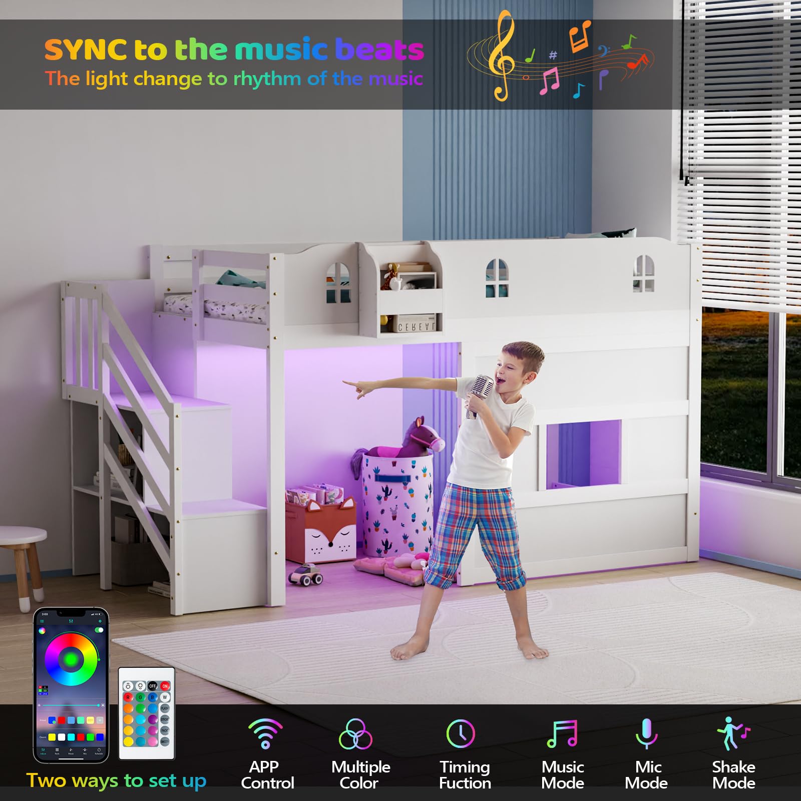 JOYMOR Low Loft Bed Twin Size with LED Lights, 4 Storage Shelves, Removable Curtain, Kids Wood Loft Bed with 15" H Safety Guardrail, Spave Saving, Mattress Not Included (Gray)