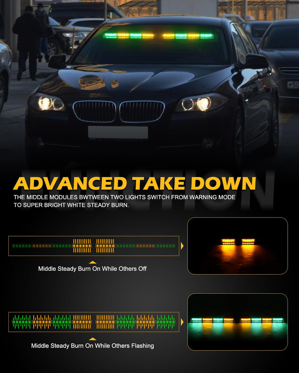 HLauto 604N Emergency Dash Strobe Lights: 2x16.8 inch Amber White Security Light w/Take Down, 48 LED Safety Flashing Warning Hazard Interior Windshield Light Bar for Truck Vehicle