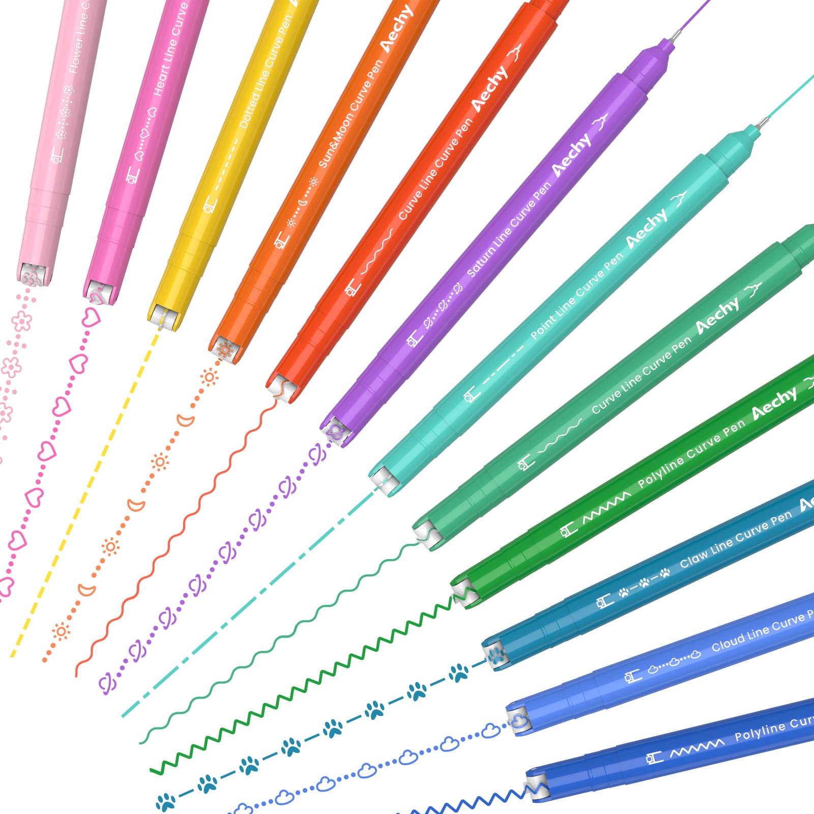 AECHY 12Pcs Dual Tip Markers Pens for Note Taking, Curve Highlighter with 10 Different Curv Shapes & 12 Colors Fine Lines, Colored Curve Pen for Students,Planners,Teachers, Scrapbook Supplies