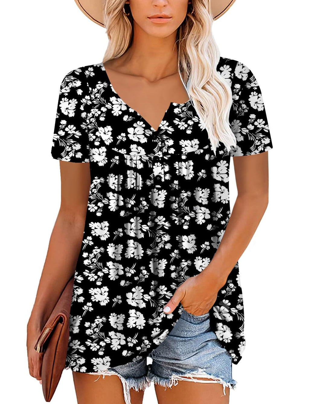 Mystry Zone Womens Henley V Neck Casual Blouse Button Down T Shirts Flare and Flowy Tops