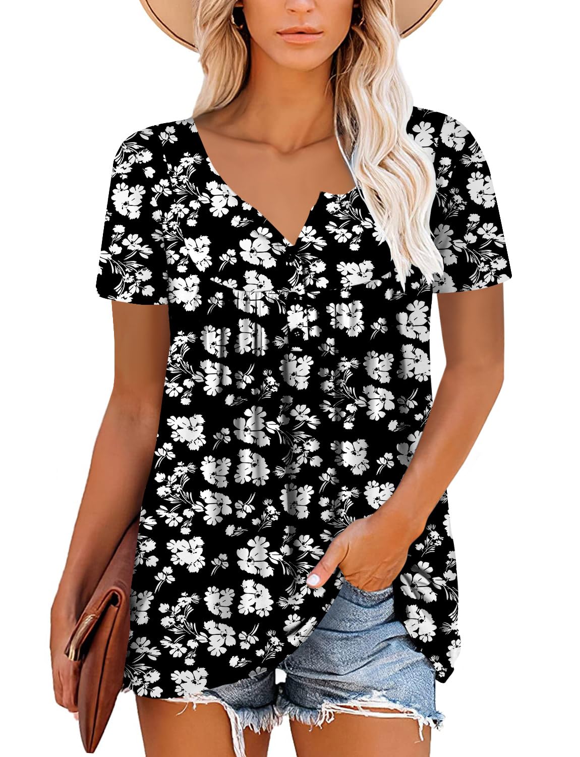 Mystry Zone Womens Henley V Neck Casual Blouse Button Down T Shirts Flare and Flowy Tops
