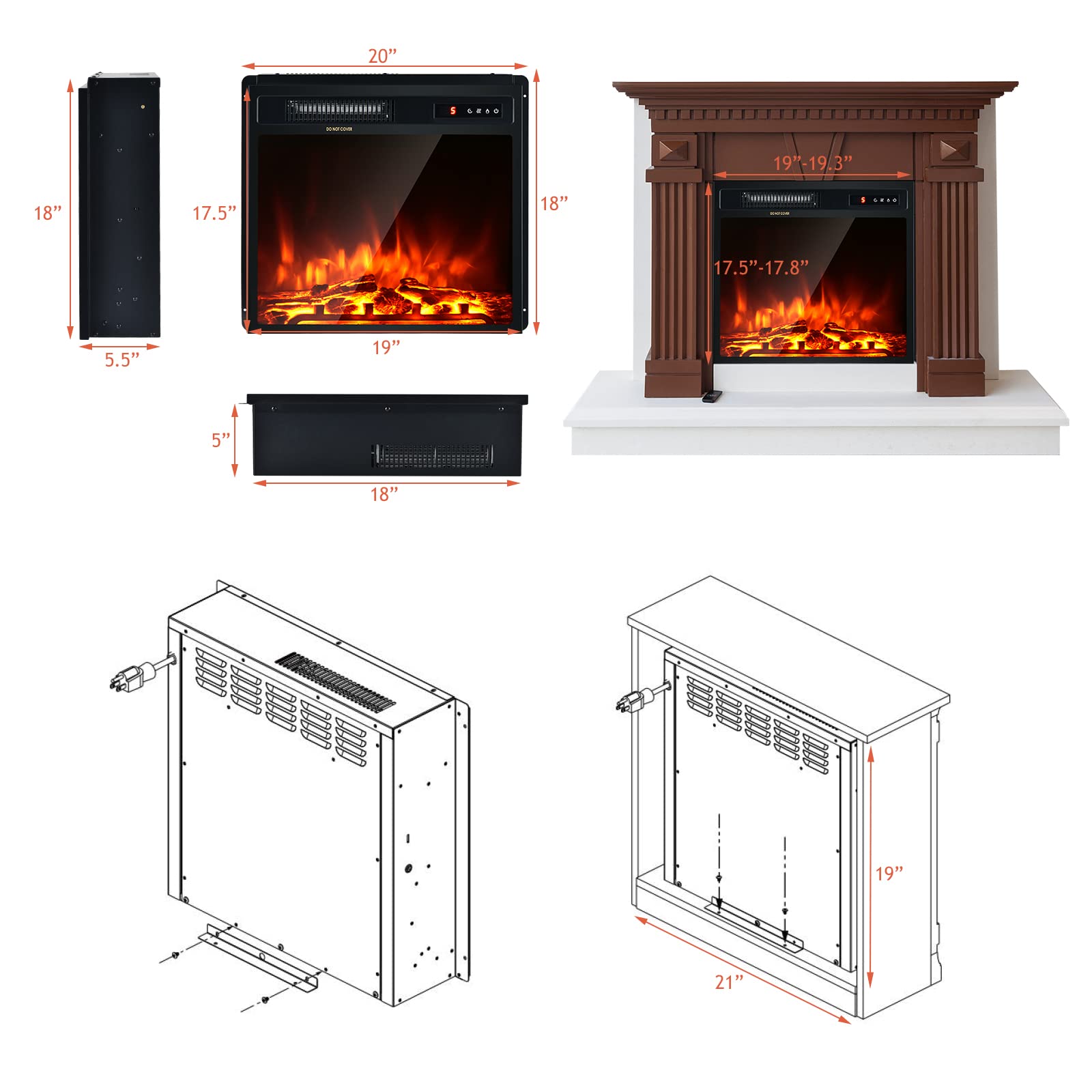 Giantex 18" Electric Fireplace Insert Heater, Wall Recessed/Mounted Fire Places Electric Fireplace with Remote, 2 Modes Heat, 9H Timer, 5 Brightness, 750/1500W Freestanding Fireplace