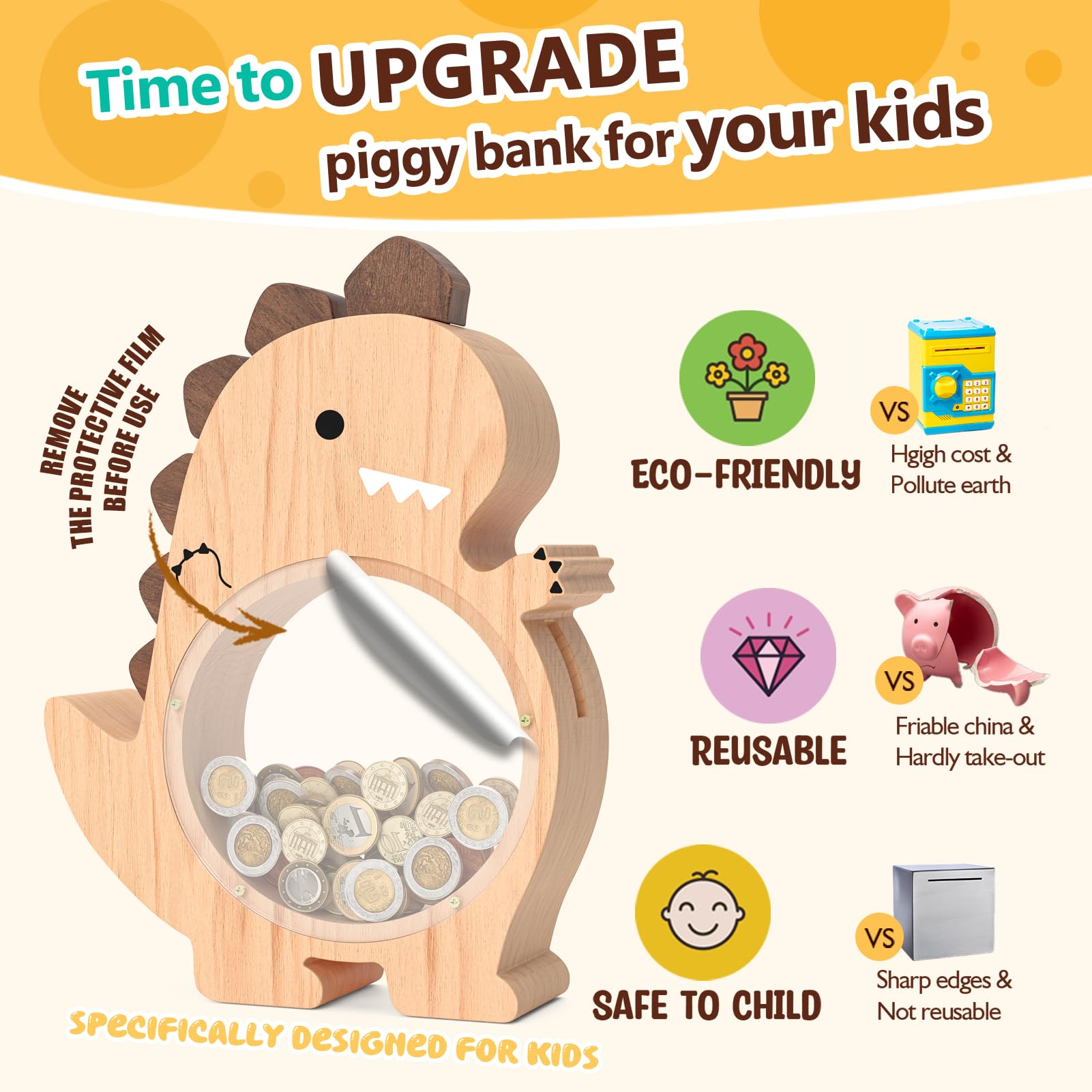 Summidate Wooden Dinosaur Piggy Bank for Kids Boys, Cute Wood Dino Money Bank for Toddlers, Creative Saving Coin Jar, Personalized Present for Child Birthday & Decor (Brachiosaurus, Custom)