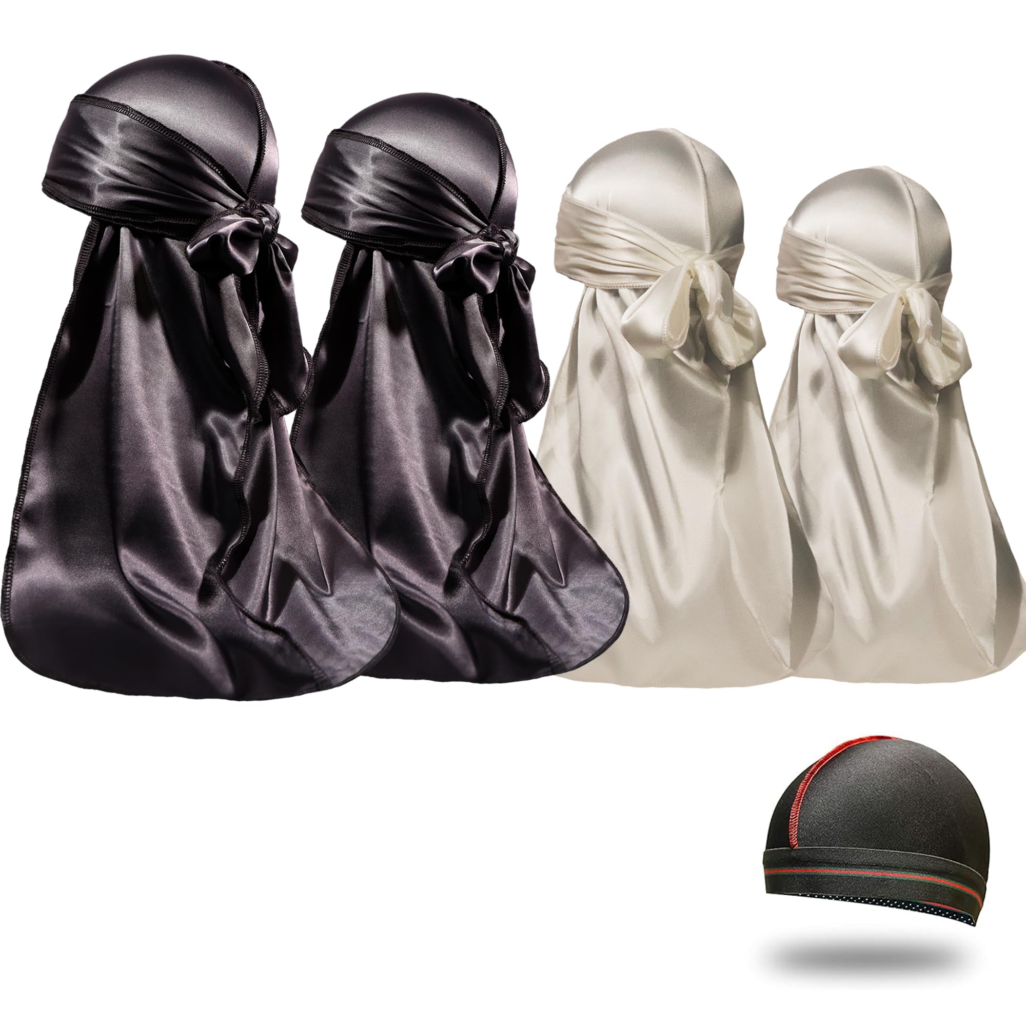 4PCS Silky Durags for Men Women 360 Waves with 1 Wave Cap, Silky Satin Durag Extra Long Tails