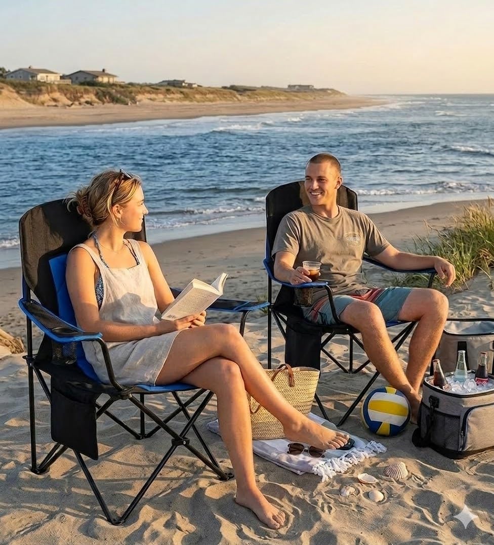 FAIR WIND Oversized Padded Camping Chair 2 Pack 350 LBS Capacity Fully Padded Lawn Quad Chair with Side Pocket & Cup Holder, Heavy Duty Lawn Chair for Outside, Tailgating, Beach, Sports