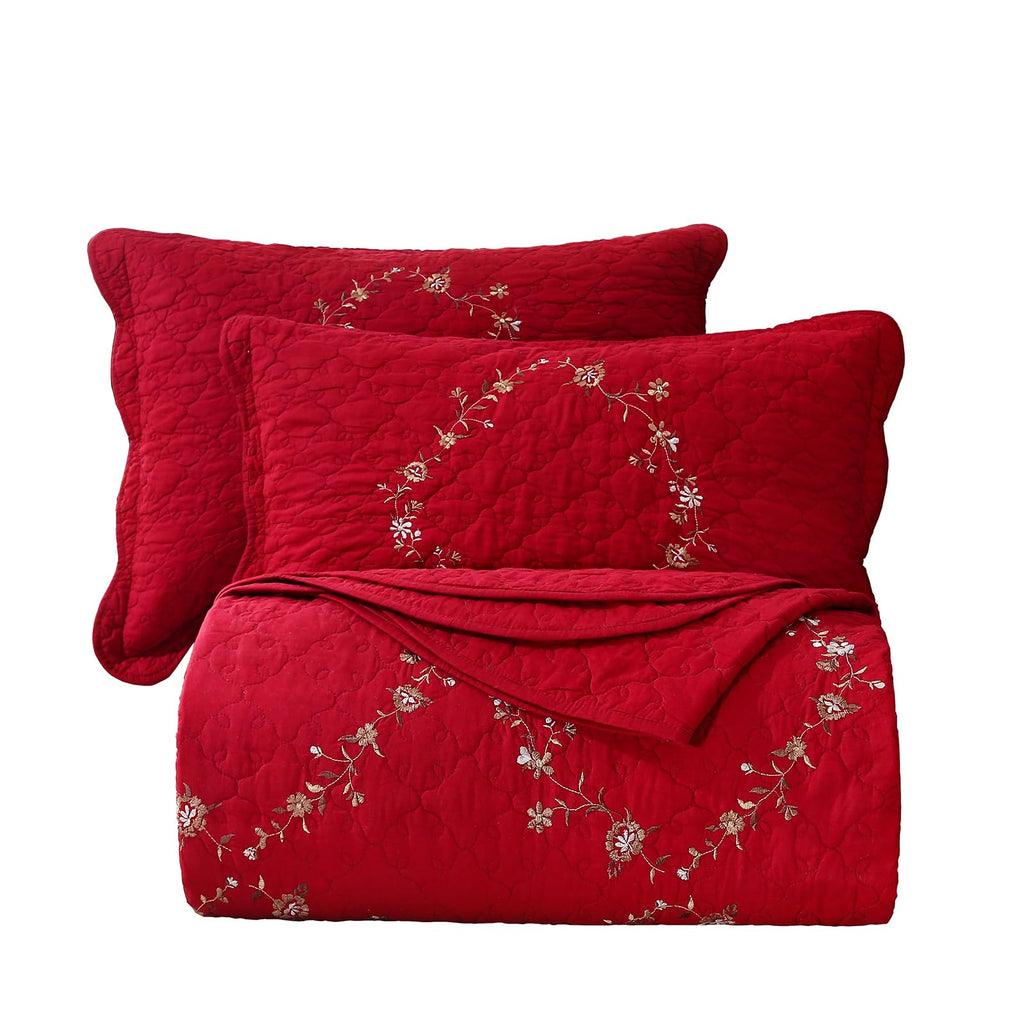 vctops 3-Piece Floral Embroidered Bedspread Coverlet Set Twin Size 100% Cotton Reversible Patchwork 1 Quilt and 2 Pillow Shams (Flower,Twin)
