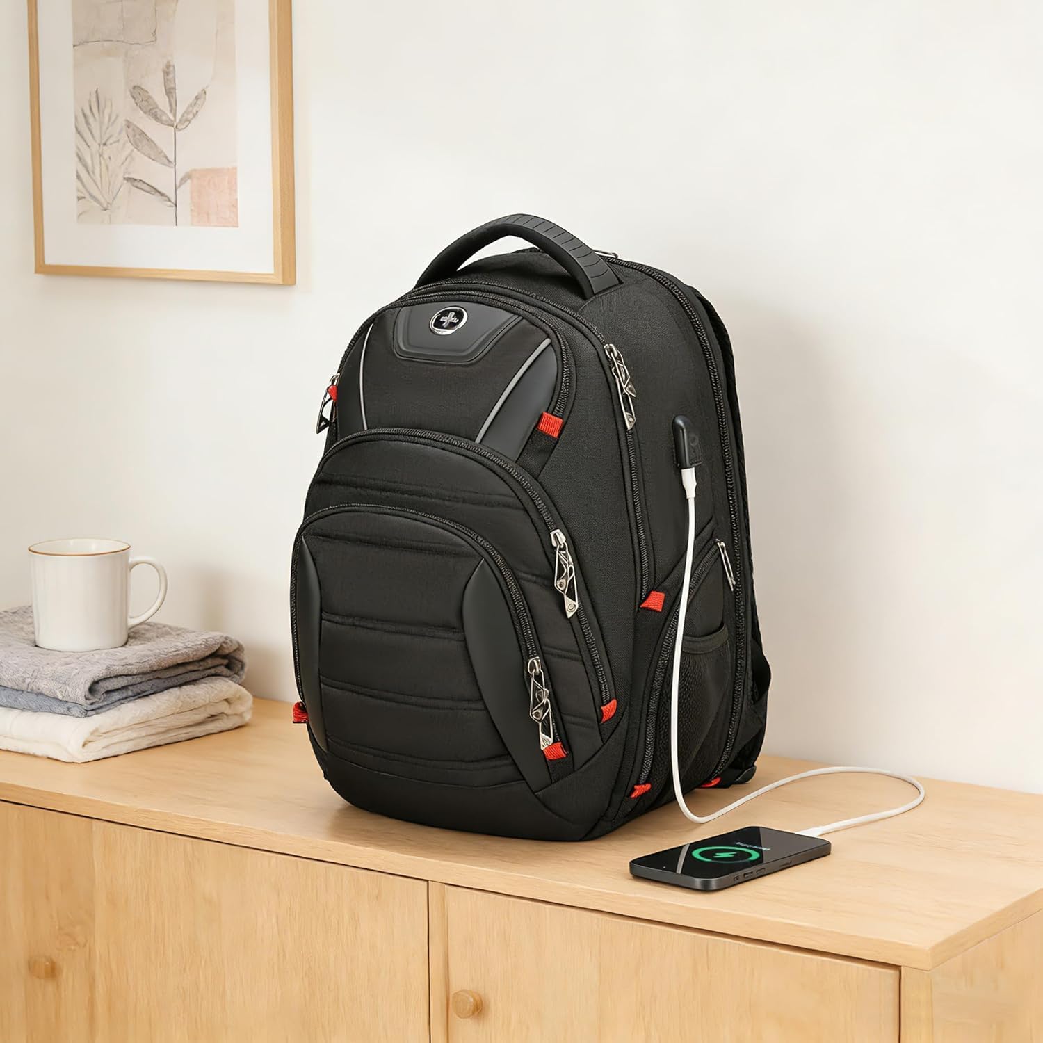 Swissdigital Design Travel Backpack for Women or Men, TSA Friendly USB Charging RFID Protection Business Carry on Bag Fits 15.6" Laptop Backpack Black | J14-BR