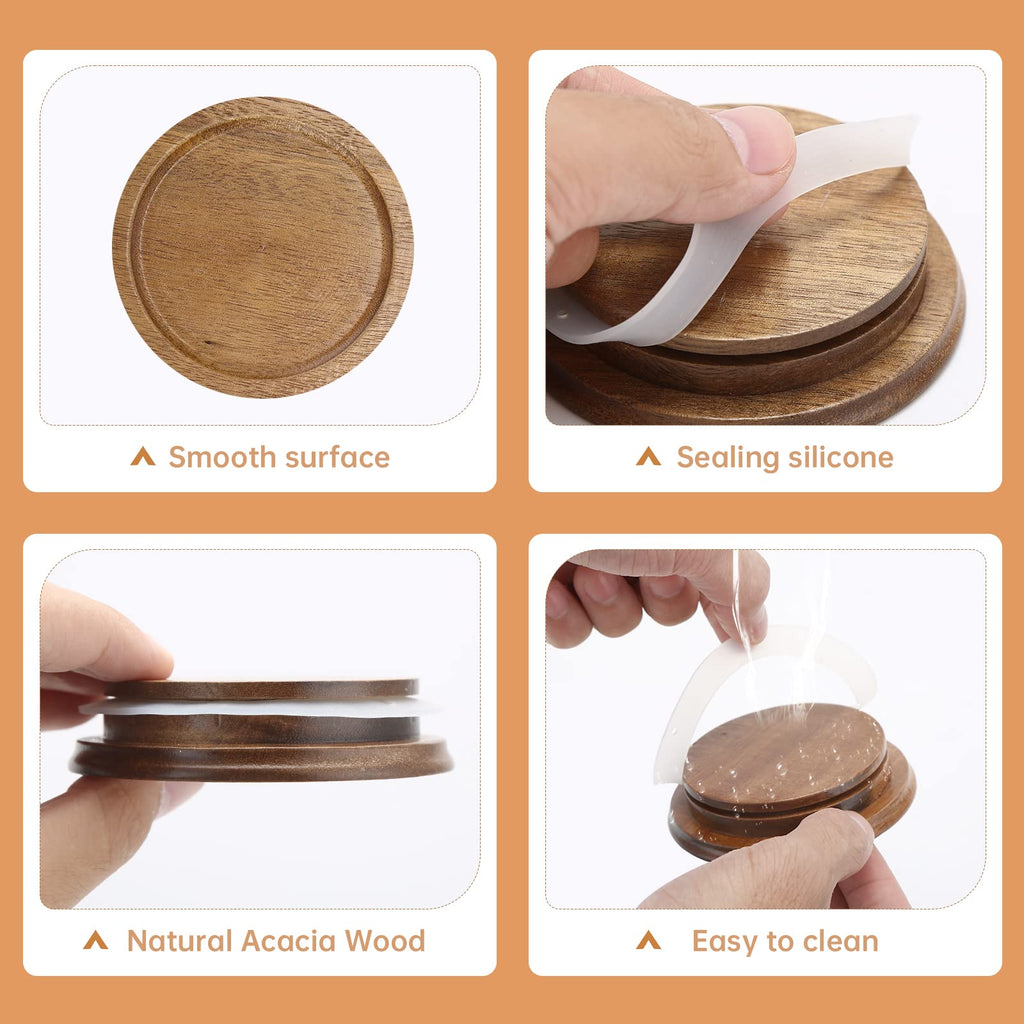6 Pack Wide Mouth Mason Jar Lids Reusable canning lids Acacia Wooden mason jar Lids with Airtight Silicone Seal, Brown (6PCS Wide Lids)