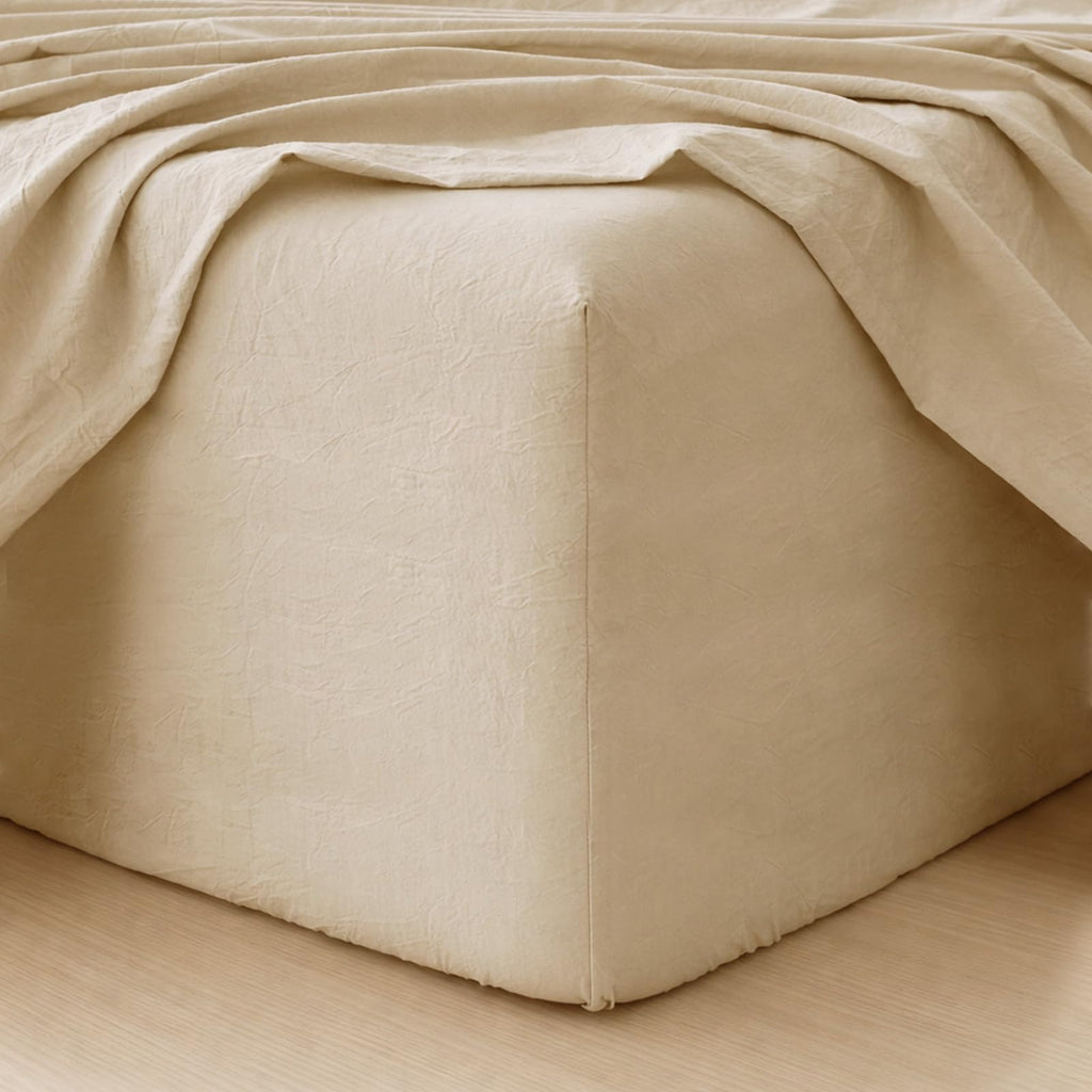 MooMee Fitted Bottom Sheet Only 100% Washed Cotton Linen Like Textured Breathable Durable Soft Comfy Deep Pocket Fits Mattress up to 17" (Almond Milk Grey, Twin)