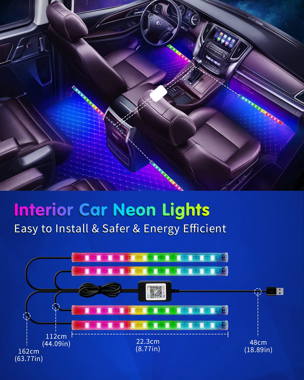 RGB Interior Car Strip Lights with Smart APP Control, Music Sync Under Dash Footwell Neon Internal Lighting Kit 2 Lines Design,12V LED Strip Lights for Cars, Trucks, SUVs with Car Charger(1 Set)