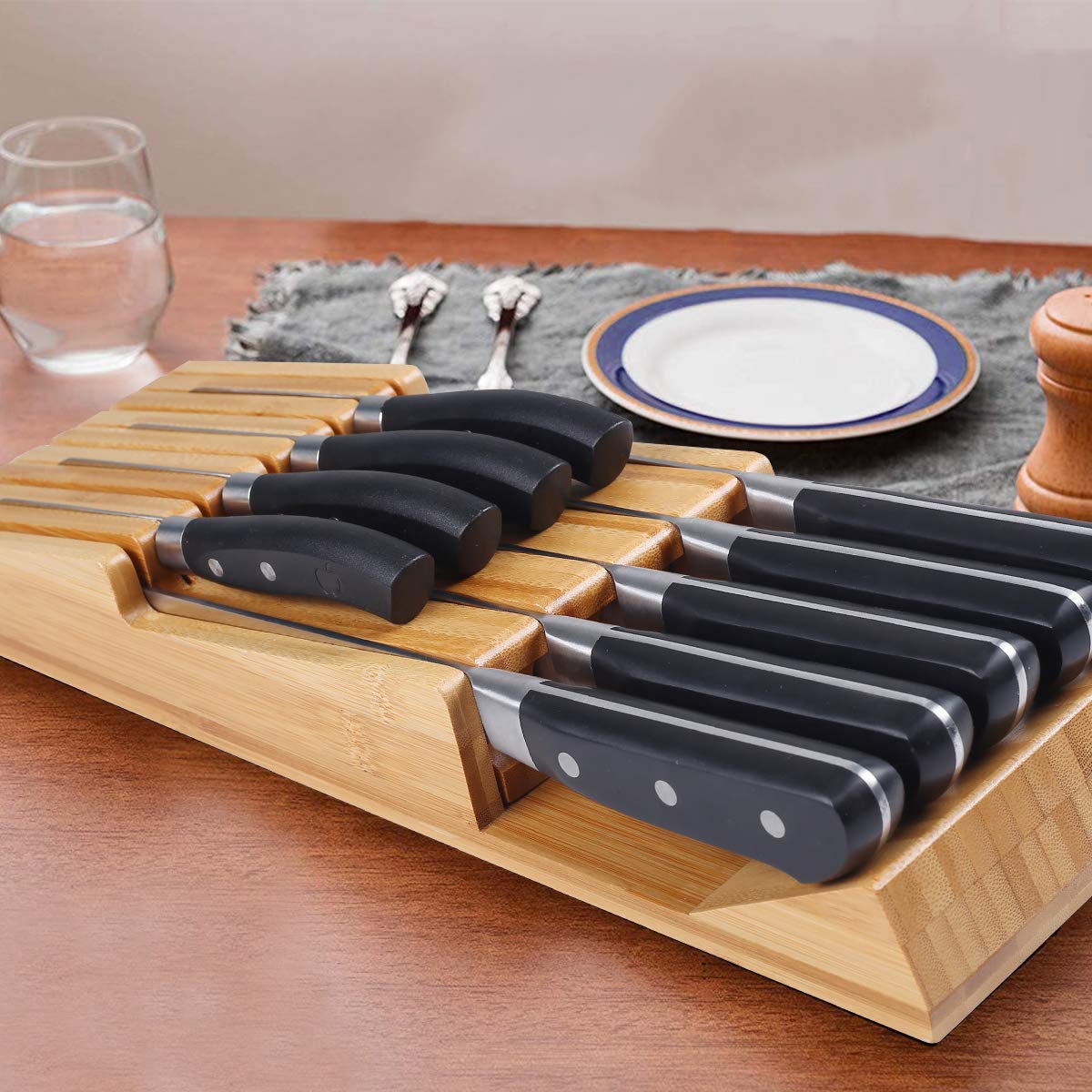 NIUXX Bamboo In-Drawer Knife Block Set for 9 Knives(Not Included), Large Kitchen Detachable Washable Cutlery Slot Organizer Storage Holder for Sharpening Steel and Cutter