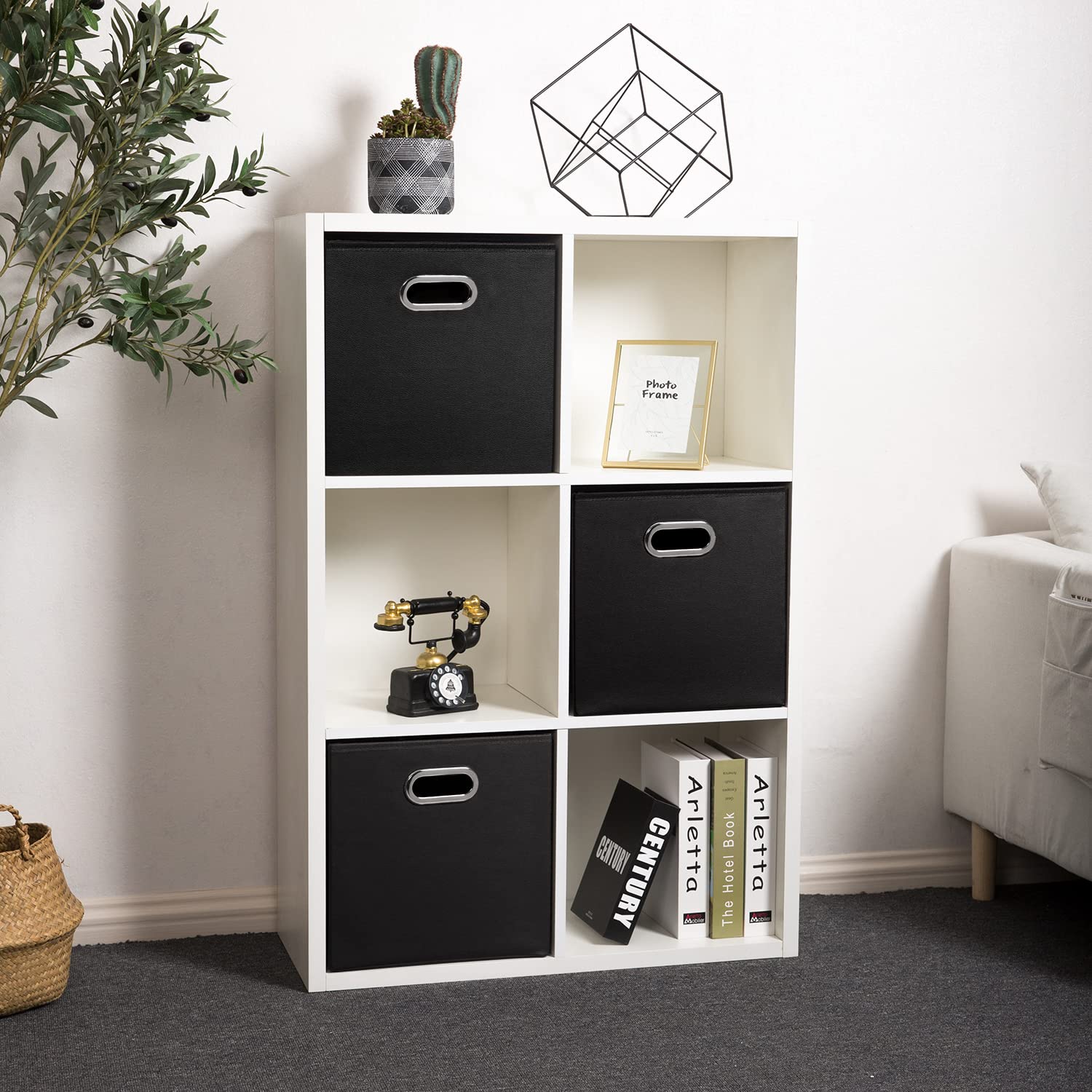 PRANDOM Leather Foldable Cube Storage Bins 11x11 inch [4-Pack] Fabric Storage Baskets Cubes Drawer with Cotton Handles Organizer for Shelves Nursery Closet Bedroom Clothes Black