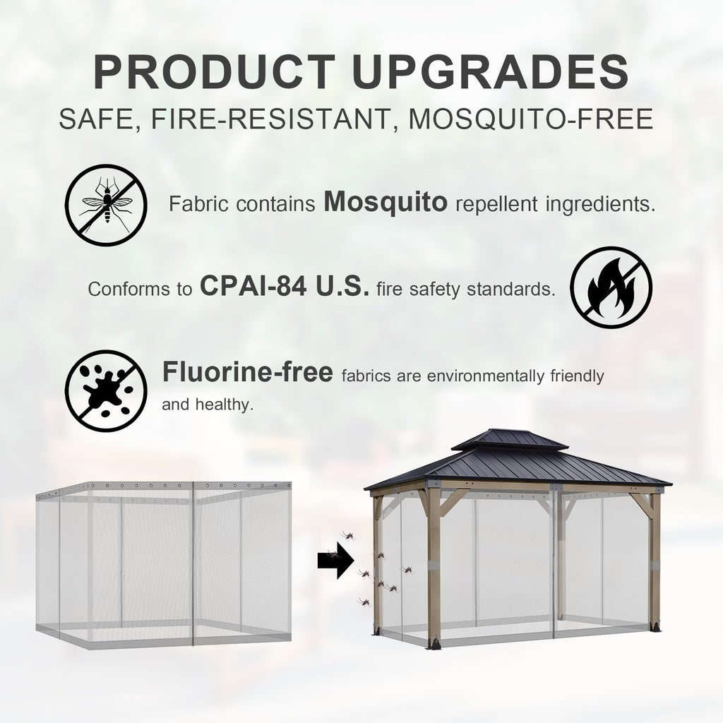 BPS 10' x 10' Gazebo Universal Mosquito Netting Screen Replacement, 4-Panel Mesh Screen Walls with Double Zippers for Outdoor Patio, Khaki (Mosquito Net Only)