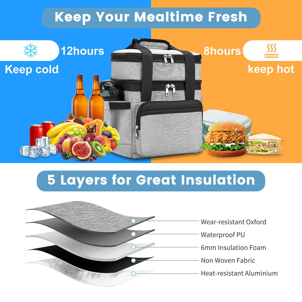 holuxer Insulated Lunch Bag & Lunch Box for Men - Double Deck Reusable Lunch Bag for Women Tote Cooler Bag Leakproof Soft Expandable - Large Lunchbox for Work/Adult/Picnic/Outdoor (Black，15L)