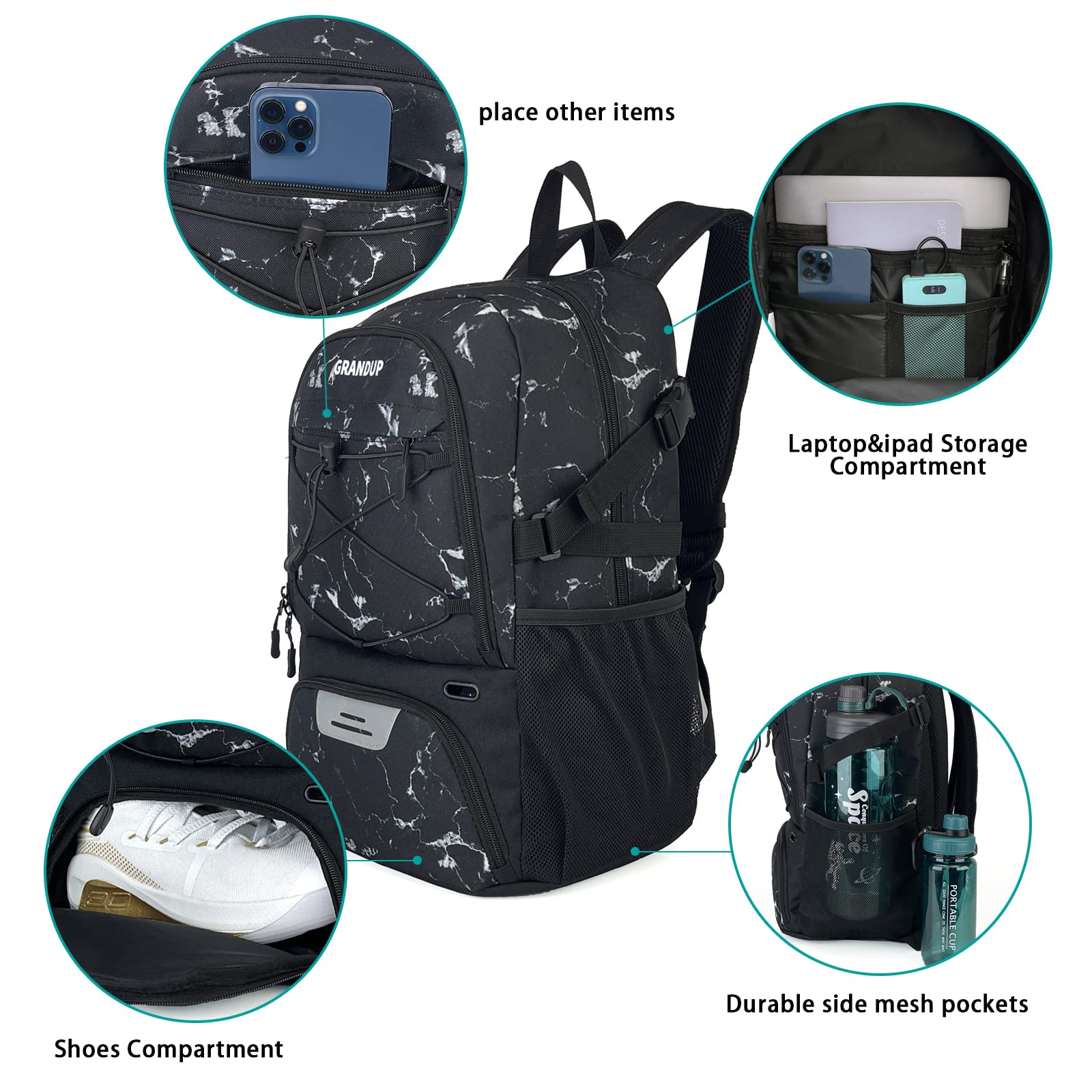 GRANDUP Basketball backpack with ball and shoes compartment Fit Volleyball, soccer, Swim, Gym, Travel, and School, large capacity sports training equipment bags