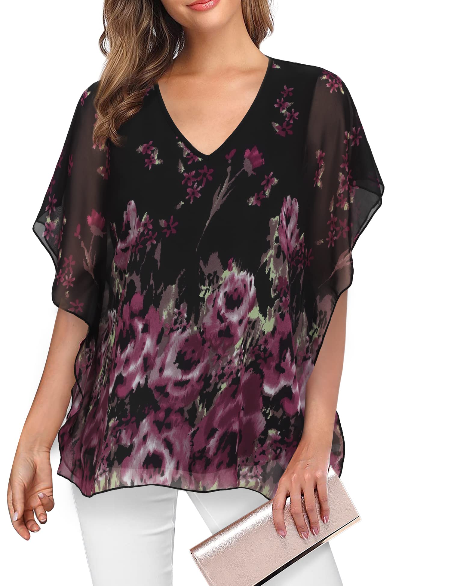 Lotusmile Women's Loose Flouncing Flutter Sleeve Double-Layered Shirt Chiffon Elegant Dressy Blouse Work Tops