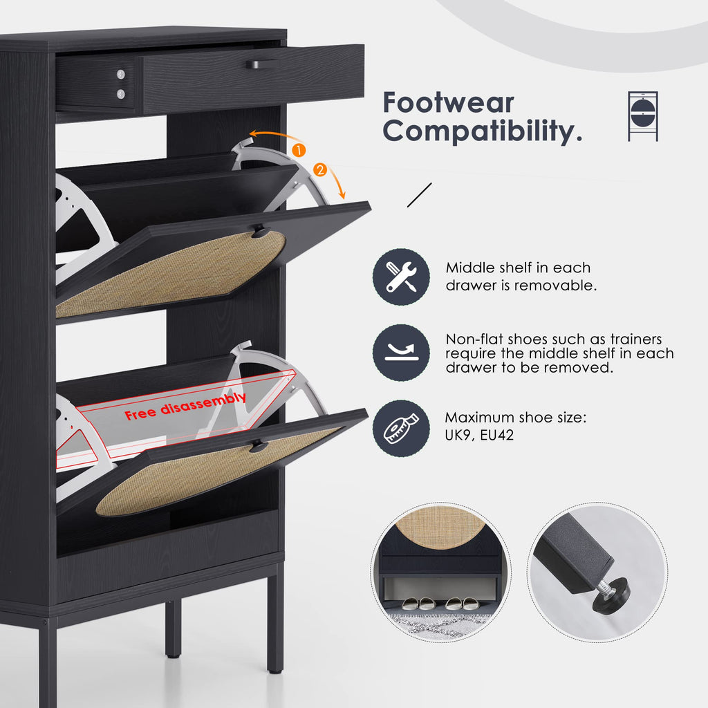 Yechen Shoe Rack Storage Organizer with 2 Natural Semi-Circular Rattan Doors, Entryway Wooden Shoe Cabinet for Sneakers, Leather Shoes, Heels, Slippers (Black)