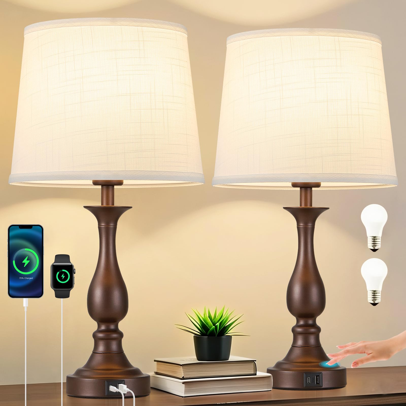 Bedside Table Lamp Touch Control Bedroom Lamps with USB A and C Charging Port 3 Way Dimmable Touch Lamps for Nightstand Living Room Bedroom Dorm Home Office Reading, Set of 2