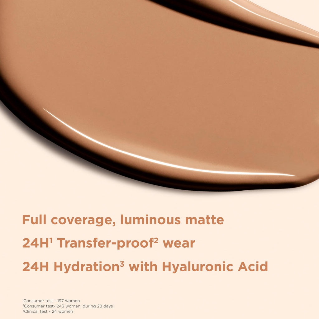 Clarins Skin Illusion Longwear Full Coverage Foundation|Luminous Matte Finish|24H Hold and 24H Hydration|Natural Looking|Transfer, Sweat and Smudge Proof| Contains Hyaluronic Acid|1 Fl Oz
