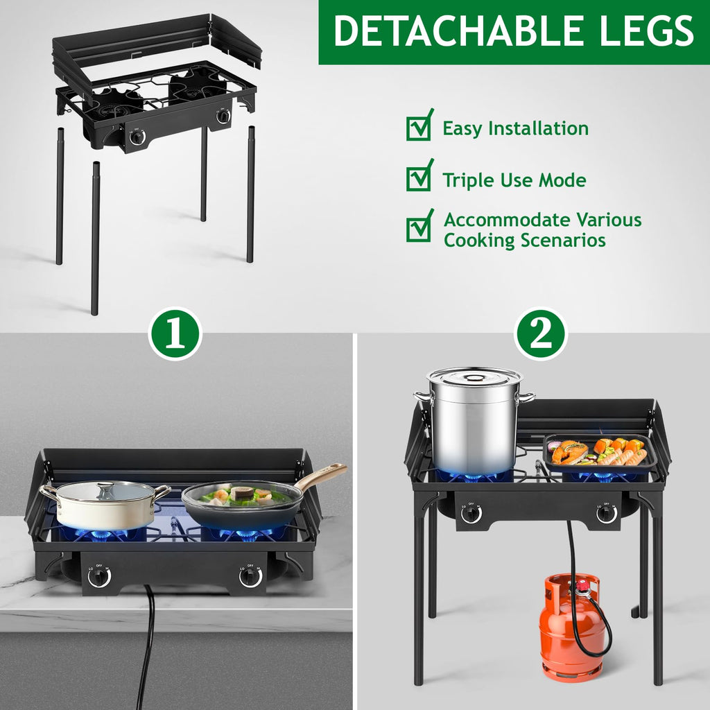 Outvita 2 Burner Propane Gas Stove for Outdoor Cooking, 150,000 BTU Camping Cooker with Removable Legs, Temperature Control Knobs for Backyard Cooking, BBQ, Baking and Frying