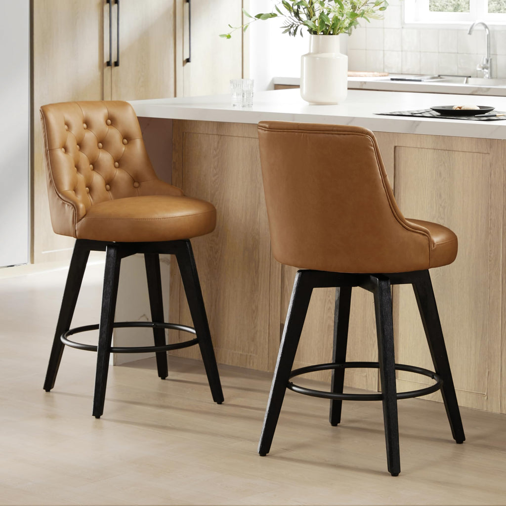 Watson & Whitely Counter Height Bar Stools, Performance Fabric Upholstered Modern Swivel Barstool with Back, Solid Wood Legs, 26" H Seat, Flint Grey