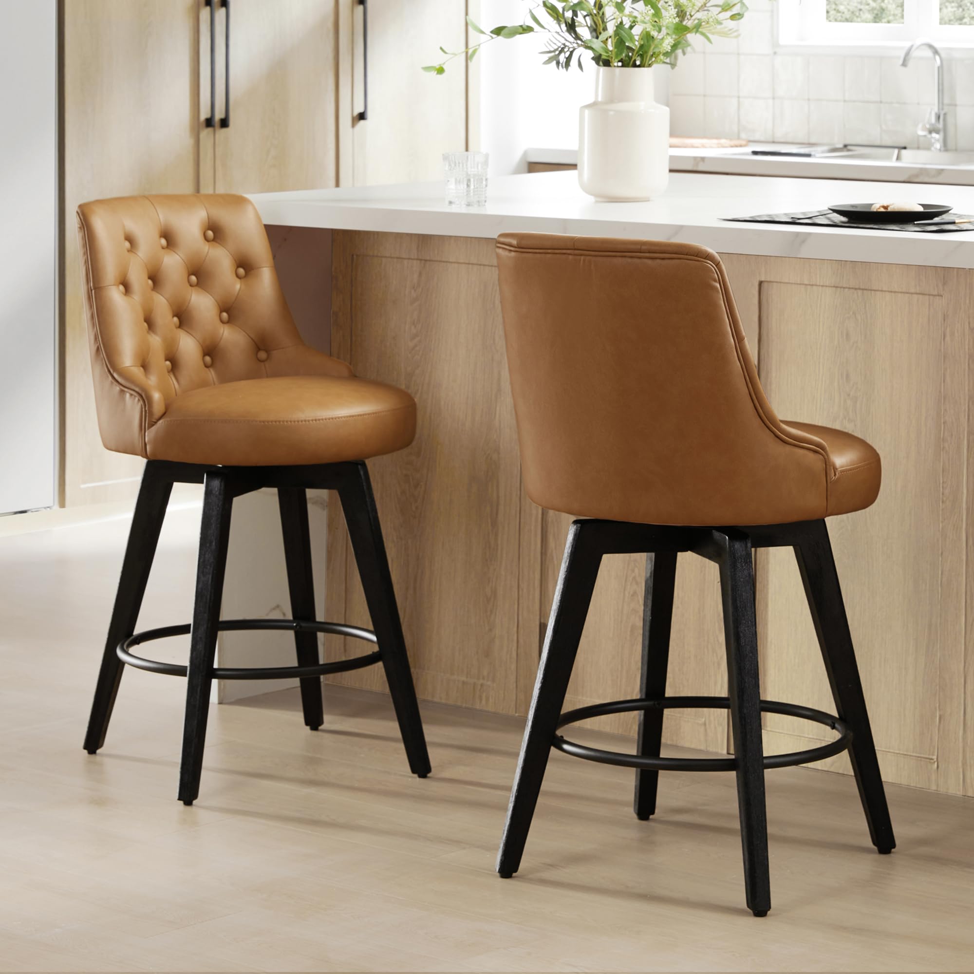 Watson & Whitely Counter Height Bar Stools, Performance Fabric Upholstered Modern Swivel Barstool with Back, Solid Wood Legs, 26" H Seat, Flint Grey