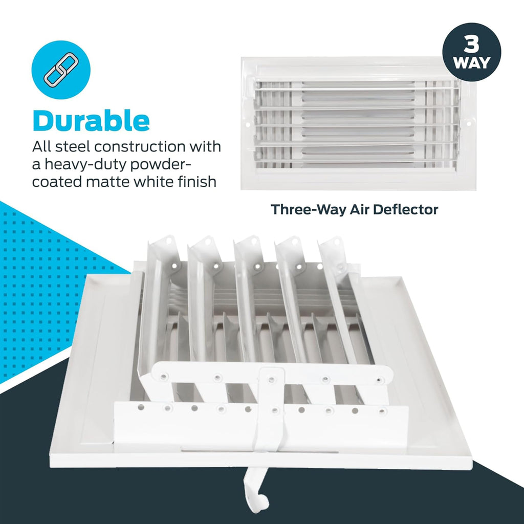 EZ-FLO 8 x 4 Inch Three-Way Ventilation Steel Sidewall/Ceiling Register, Steel Duct Opening, 61658