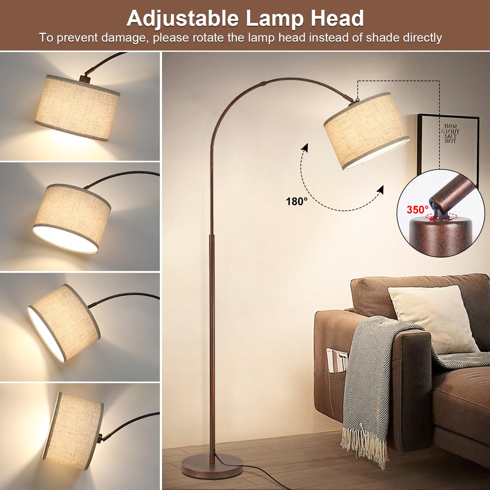 Rattan Floor Lamp, Arc Floor Lamps for Living Room, Farmhouse Standing Lamp with Adjustable Hanging Fabric Shade, Tall Pole Lamp with Foot Switch, Over Couch Arched Reading Light for Bedroom, Office