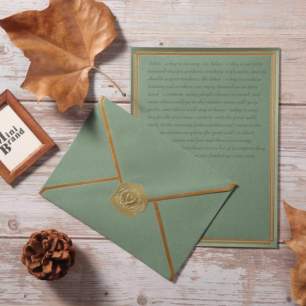 50 Pack Stationery Set with Envelopes, Cream Color, 8.5x11 Inches | Gold Border, #10 Business Envelopes and 8.5x11 Paper Sheets, Stickers for Letter Writing, Invitations