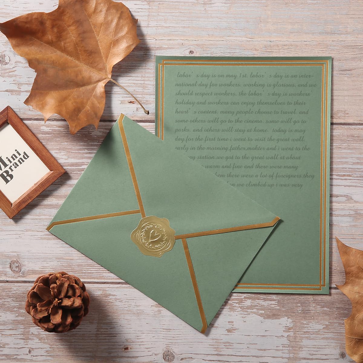 50 Pack Stationery Set with Envelopes, Cream Color, 8.5x11 Inches | Gold Border, #10 Business Envelopes and 8.5x11 Paper Sheets, Stickers for Letter Writing, Invitations
