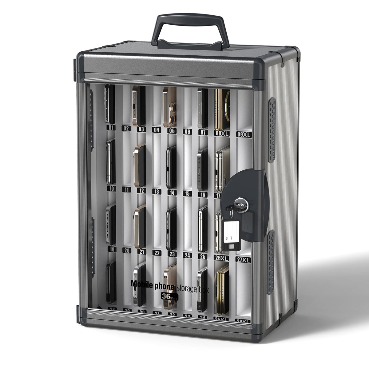 Glosen Cell Phone Locker 24 Slots, Portable Phone Storage Cabinet [Wall Mounted] [Silver 24 Slots-Universal Key ] Aluminum Alloy Cellphone Lock Box with Key & Handle for School Classroom Office Exam