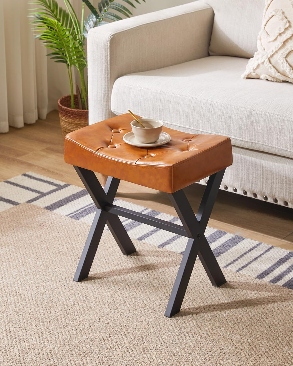 IBUYKE U-Shaped PU Vanity Stool, Square Makeup Chair with X-Leg, Ottoman Seat Footrest Stool, Multi-Use as Small Side Table, for Bedroom, Living Room, Black WBD019B