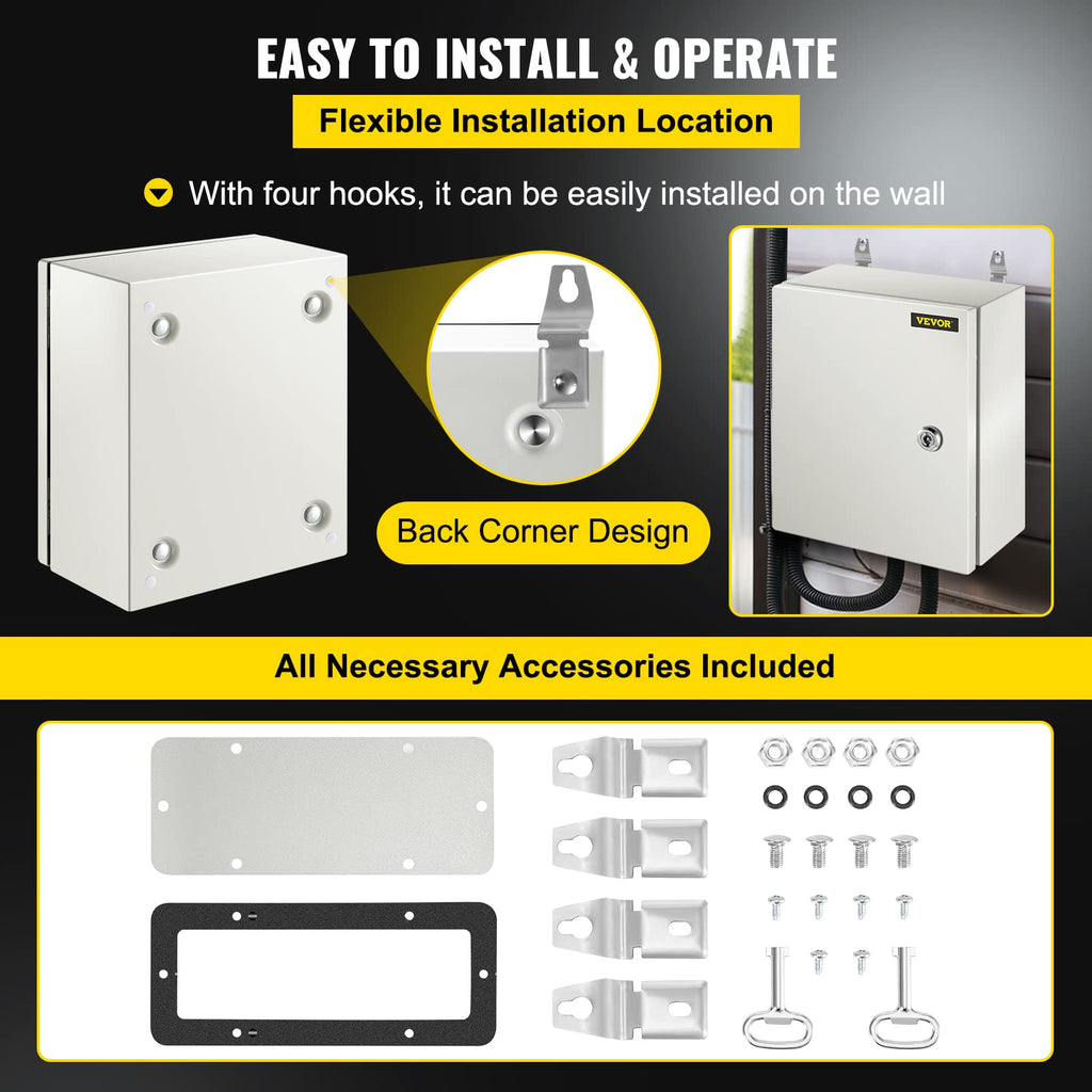 VEVOR NEMA Steel Enclosure, 8" x 8" x 6" NEMA 4X Steel Electrical Box, IP66 Waterproof & Dustproof, Outdoor/Indoor Electrical Junction Box, with Mounting Plate