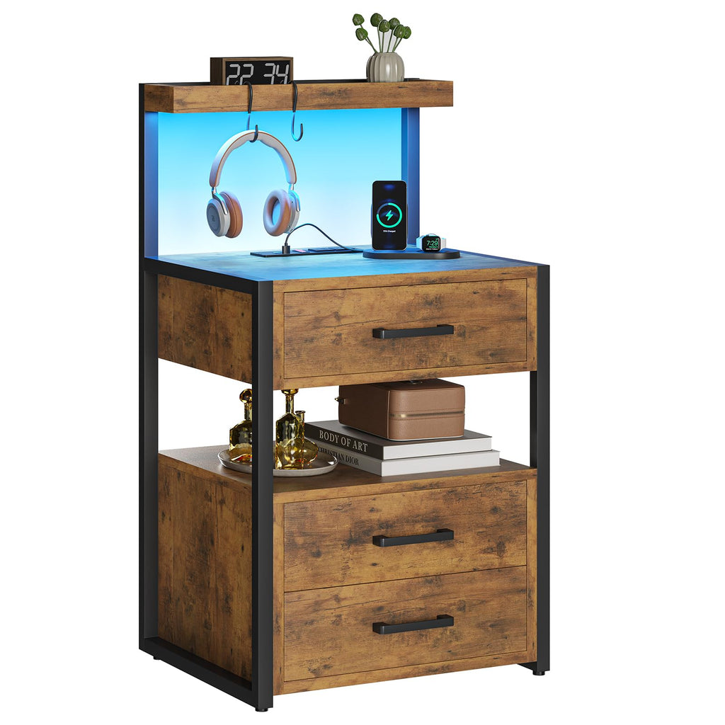 VIAGDO Led Nightstand with Charging Station, 3 Drawers Night Stands with Led Lights, Black Bedside Tables with Storage Shelves, Modern End Side Tables for Bedroom, Office