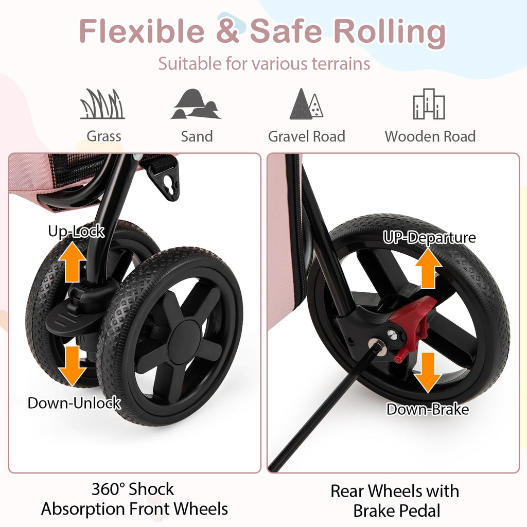 Giantex Double Pet Stroller with 2 Detachable Carrier Bags, Safety Belt, 4 Lockable Wheels, Folding Cat & Dog Stroller for Small Medium Pets, Cats Dogs Puppy Travel Strolling Cart (Beige)